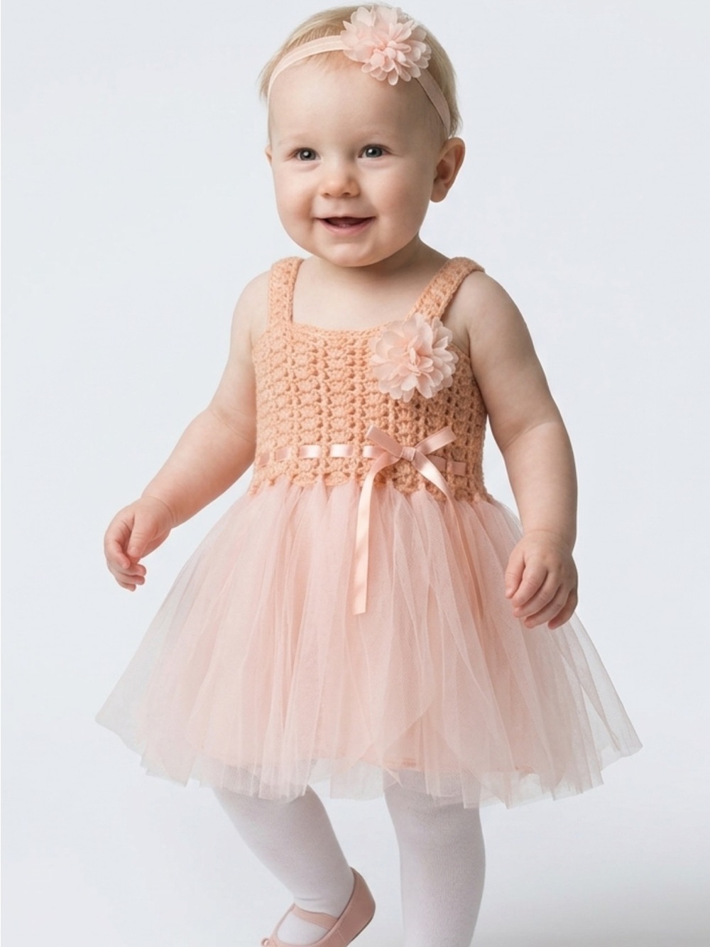 Peach Tulle Crochet Bodice Baby Dress with Flower Accent